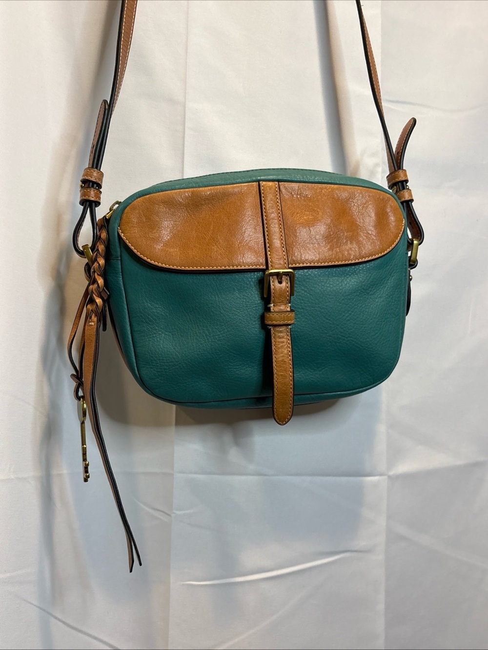 Fossil Teal and Tan Leather Crossbody Shoulder Bag SAMPLE BAG not mass produced